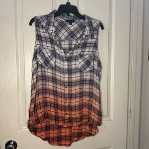 Rock & Republic Plaid Sleeveless Shirt - Black and Orange
